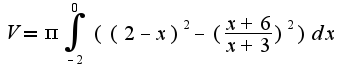 $V=\pi\int_{-2}^{0}((2-x)^2-(\frac{x+6}{x+3})^2)dx$