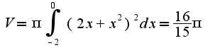 $V=\pi\int_{-2}^{0}(2x+x^2)^{2}dx=\frac{16}{15}\pi$