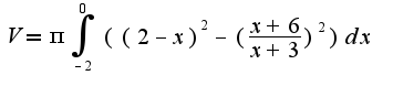 $V=\pi\int_{-2}^{0} ({(2-x)}^{2}-({\frac{x+6}{x+3}})^{2})dx$