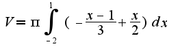 $V=\pi\int_{-2}^{1}(-\frac{x-1}{3}+\frac{x}{2})dx$