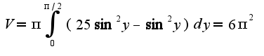 $V=\pi\int_{0}^{\pi/2}(25\sin^2 y-\sin^2 y)dy=6\pi ^2$