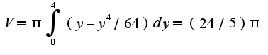 $V=\pi\int_{0}^{4}(y-y^4/64)dy=(24/5)\pi$