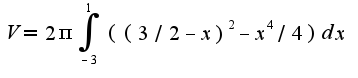 $V=2\pi\int_{-3}^{1}((3/2-x)^2-x^4/4)dx$