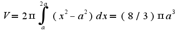 $V=2\pi\int_{a}^{2a}(x^2-a^2)dx=(8/3)\pi a^3$