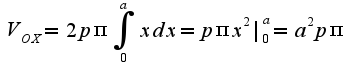 $V_{OX}=2p\pi\int_{0}^{a}xdx=p\pi x^2|_{0}^{a}=a^{2}p\pi$