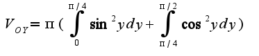 $V_{OY}=\pi(\int_{0}^{\pi/4}\sin^2 ydy+\int_{\pi/4}^{\pi/2}\cos^2 ydy)$