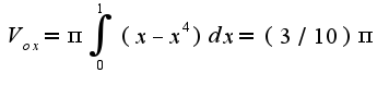 $V_{ox}=\pi\int_{0}^{1}(x-x^4)dx=(3/10)\pi$