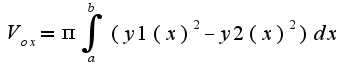 $V_{ox}=\pi\int_{a}^{b}(y1(x)^2-y2(x)^2)dx$