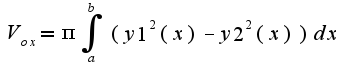 $V_{ox}=\pi\int_{a}^{b}(y1^2(x)-y2^2(x))dx$