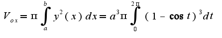 $V_{ox}=\pi\int_{a}^{b}y^2(x)dx=a^3\pi\int_{0}^{2\pi}(1-\cos t)^3 dt$