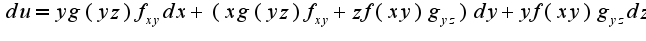 $du=yg(yz)f_{xy}dx+(xg(yz)f_{xy}+zf(xy)g_{yz})dy+yf(xy)g_{yz}dz$