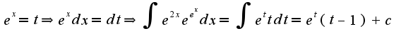 $e^x=t\Rightarrow e^{x}dx=dt\Rightarrow \int e^{2x}e^{e^{x}}dx=\int e^{t}tdt=e^{t}(t-1)+c$