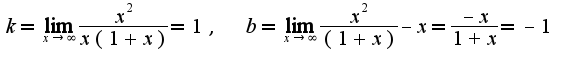 $k=\lim_{x\rightarrow \infty}\frac{x^2}{x(1+x)}=1,\;\;b=\lim_{x\rightarrow \infty}\frac{x^2}{(1+x)}-x=\frac{-x}{1+x}=-1$