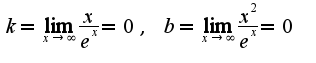 $k=\lim_{x\rightarrow \infty}\frac{x}{e^{x}}=0,\;b=\lim_{x\rightarrow \infty}\frac{x^2}{e^{x}}=0$