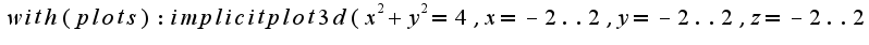 $with(plots):implicitplot3d(x^2+y^2=4,x=-2..2,y=-2..2,z=-2..2)$