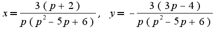 $x=\frac{3(p+2)}{p(p^2-5p+6)},\;y=-\frac{3(3p-4)}{p(p^2-5p+6)}$