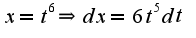 $x=t^6\Rightarrow dx=6t^5dt$