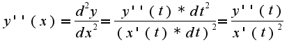 $y''(x) = \frac{d^{2}y}{dx^{2}}=\frac{y''(t)*dt^{2}}{(x'(t)*dt)^{2}}=\frac{y''(t)}{x'(t)^{2}}$