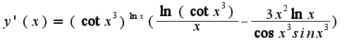 $y'(x)=(\cot x^3)^{\ln x}(\frac{\ln (\cot x^3)}{x}-\frac{3x^2\ln x}{\cos x^3sin x^3})$