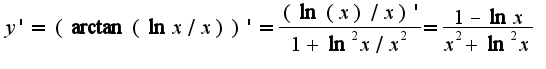 $y'=(\arctan(\ln x/x))'=\frac{(\ln(x)/x)'}{1+\ln^2 x/x^2}=\frac{1-\ln x}{x^2+\ln^2 x}$