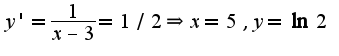 $y'=\frac{1}{x-3}=1/2\Rightarrow x=5,y=\ln 2$