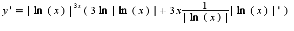 $y'=|\ln(x)|^{3x}(3\ln|\ln(x)|+3x\frac{1}{|\ln(x)|}|\ln(x)|')$