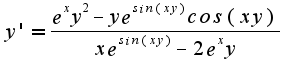$y'= \frac{e^xy^2-ye^{sin(xy)}cos(xy)}{xe^{sin(xy)}-2e^xy}$