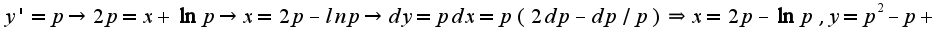 $y'=p\rightarrow 2p=x+\ln p\rightarrow x=2p-ln p\rightarrow dy=pdx=p(2dp-dp/p)\Rightarrow x=2p-\ln p,y=p^2-p+c$
