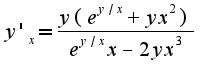 $y'_{x}=\frac{y(e^{y/x}+yx^2)}{e^{y/x}x-2yx^3}$