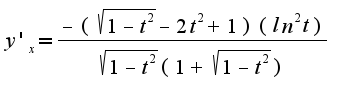 $y'_x=\frac{-(\sqrt{1-t^2}-2t^2+1)(ln^2t)}{\sqrt{1-t^2}(1+\sqrt{1-t^2})}$