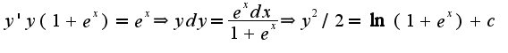 $y'y(1+e^{x})=e^{x}\Rightarrow ydy=\frac{e^{x}dx}{1+e^{x}}\Rightarrow y^2/2=\ln(1+e^{x})+c$