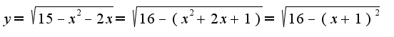 $y= \sqrt{15-x^2-2x}=\sqrt{16-(x^2+2x+1)}=\sqrt{16-(x+1)^2}$