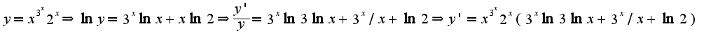 $y=x^{3^{x}}2^{x}\Rightarrow \ln y=3^{x}\ln x+x\ln 2\Rightarrow \frac{y'}{y}=3^{x}\ln3\ln x+3^{x}/x+\ln 2\Rightarrow y'=x^{3^{x}}2^{x}(3^{x}\ln3\ln x+3^{x}/x+\ln 2)$