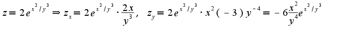 $z=2e^{x^2/y^3}\Rightarrow z_{x}=2e^{x^2/y^3}\cdot \frac{2x}{y^3},\;z_{y}=2e^{x^2/y^3}\cdot x^2(-3)y^{-4}=-6\frac{x^2}{y^4}e^{x^2/y^3}$