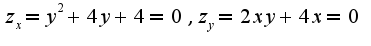 $z_{x}=y^2+4y+4=0,z_{y}=2xy+4x=0$